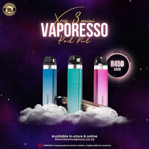 Vaporesso XROS 3 Mini Pod System with 1000mAh battery, new XROS 3 Pods, top fill, PCTG material, 2mL capacity, magnetic connection, draw-activated, Type-C charging, and a neon LED indicator light.