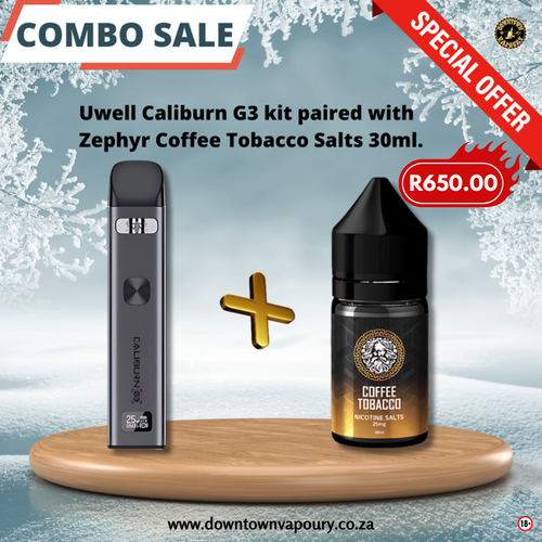 New Uwell Caliburn G3 Pod System Paired With Zephyr Coffee Tobacco 30ml Salts.png
